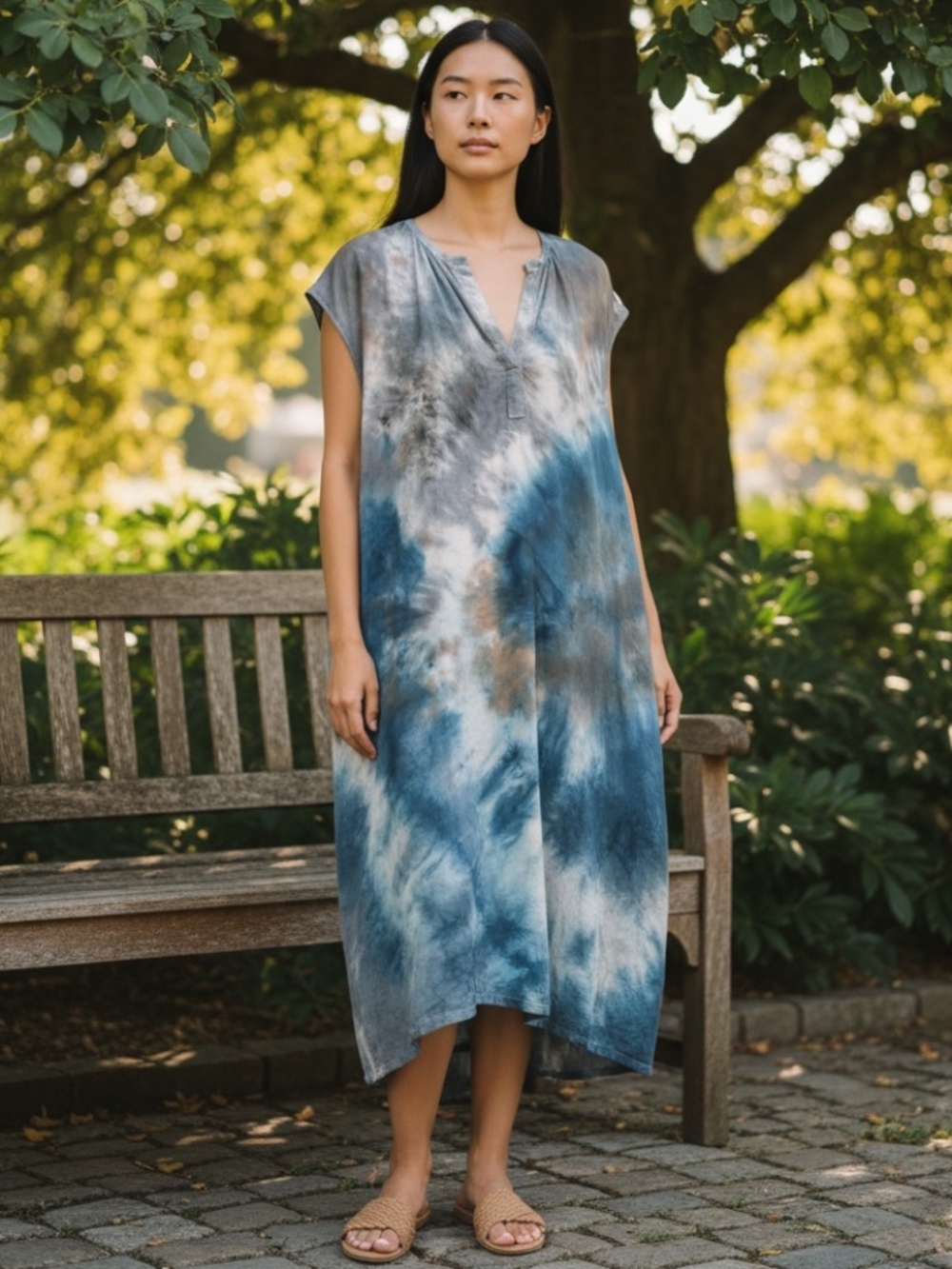 Kate Towers Blue & Brown Rayon Tie Dye V-Neck Day Dress Size M/L EUC